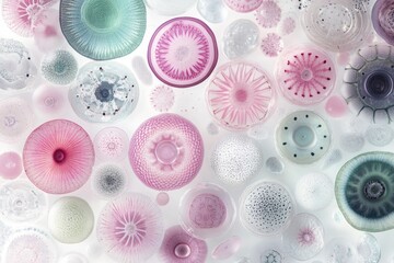 Microscopic diatoms and radiolarians, diverse shapes and pastel colors, intricate details, scientific beauty.