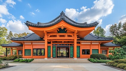 Fototapeta premium Traditional Japanese temple entrance, vibrant orange and dark black architecture