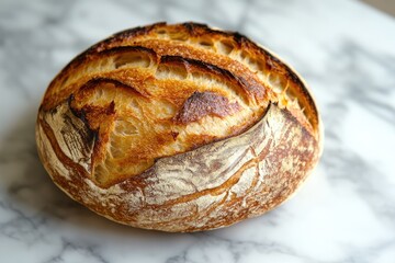 Fototapeta premium Artisan sourdough bread with a crispy crust and an airy interior, placed on a white marble surface.