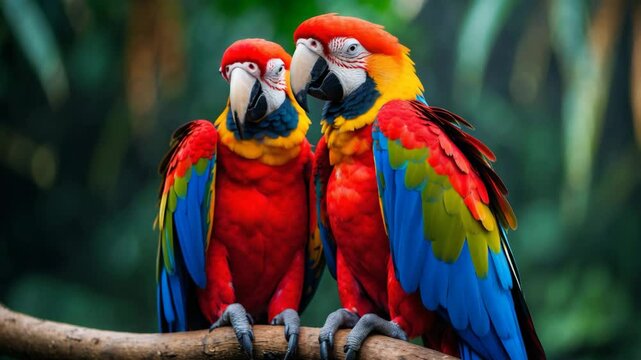 Close-up portrait of a colorful parrot against a rich green natural background. Love parrots.