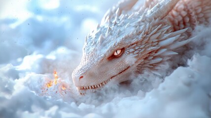 Obraz premium Majestic White Dragon Breathing Fire in Fantasy Clouds dragon fantasy fire clouds majestic mythical