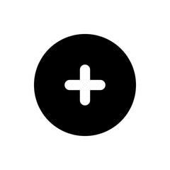 A black circle containing a white plus sign centered inside the shape on a white background image view