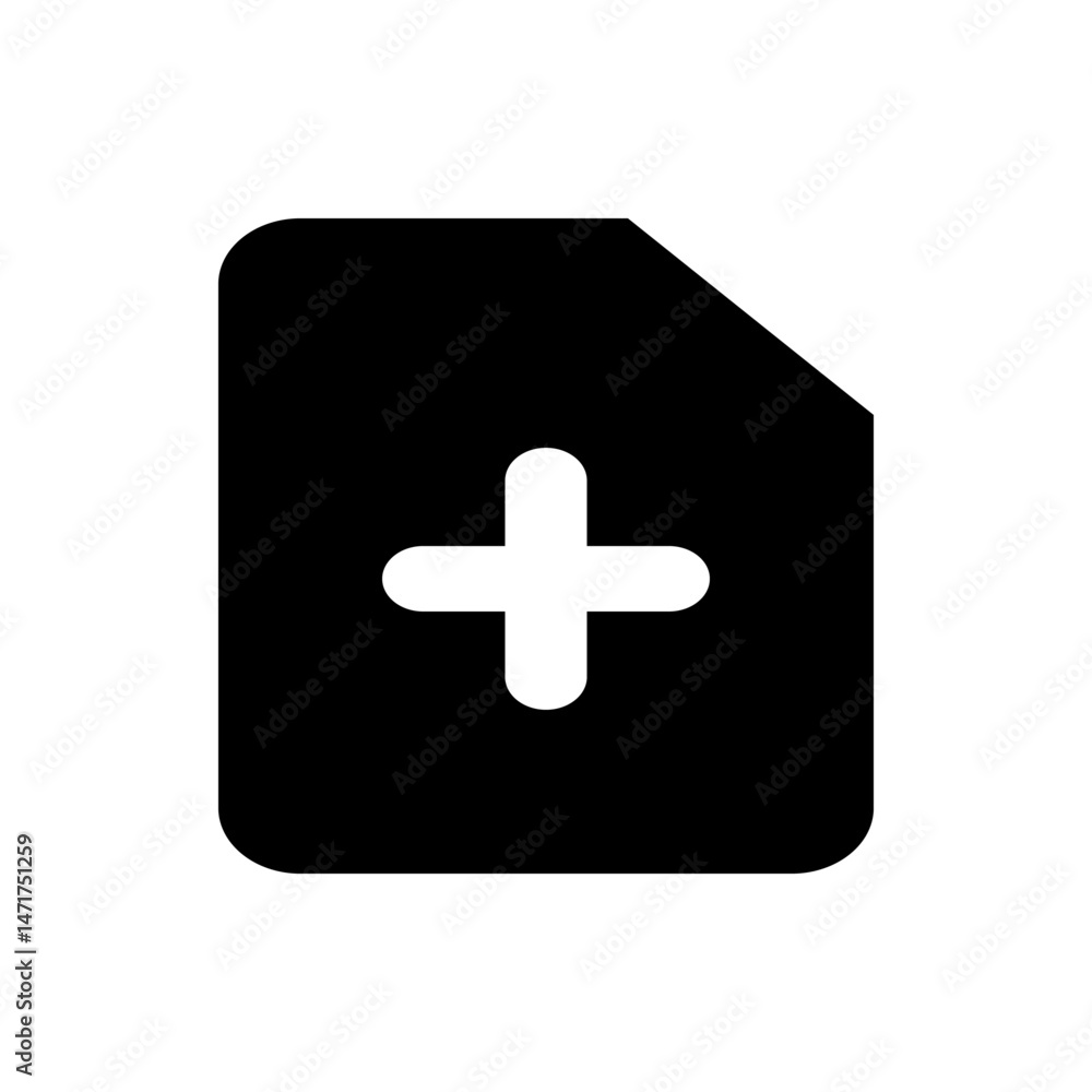 Aufkleber black document icon with rounded corners and a white plus sign in the center of the document image v