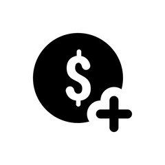 Illustration of a black coin with a white dollar sign and a white plus sign on a white background design element