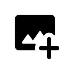 Obraz premium Black and white graphic featuring a landscape within a rounded rectangle with a plus sign overlaying it