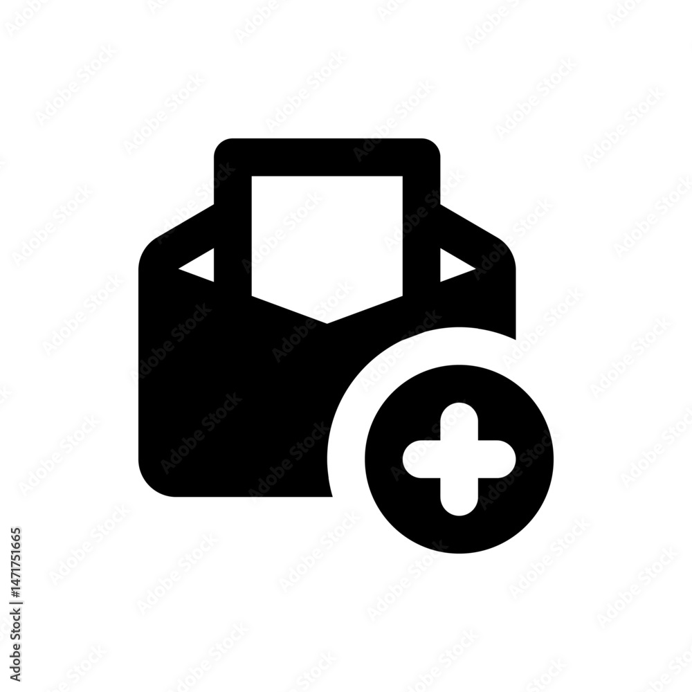 Poster open envelope icon with a document inside and a plus sign in a circle next to it in black and white