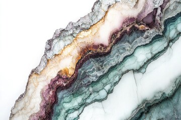 Obraz premium Abstract mineral formation with layers of purple, gold, and teal hues, set against a crisp white background.