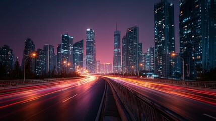 Obraz premium City skyline at night with blurred lights suggesting movement on a road.