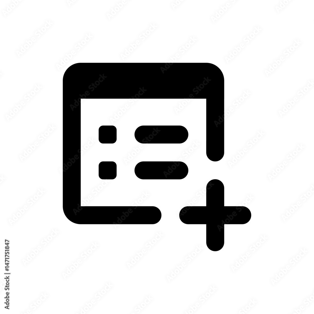 Poster black and white icon depicting a document with list items and a plus sign in the lower right corner