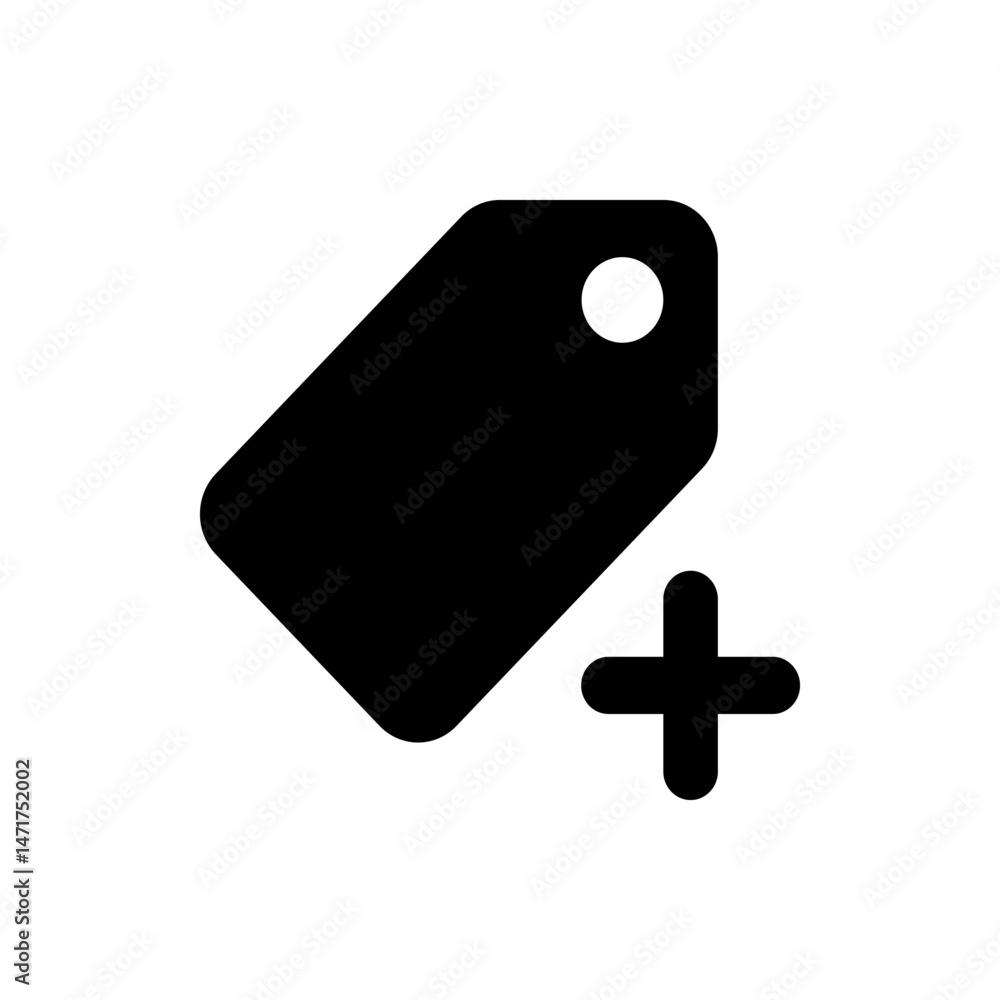 Poster black price tag with rounded corners and a white circle and a plus sign on the bottom right corner
