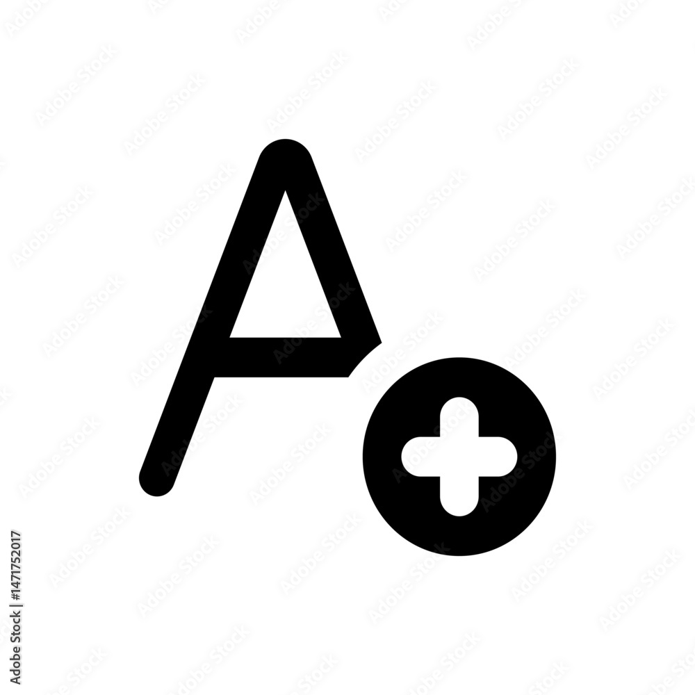 Poster a large letter a with a plus sign inside a circle shape indicating an increase or addition function 