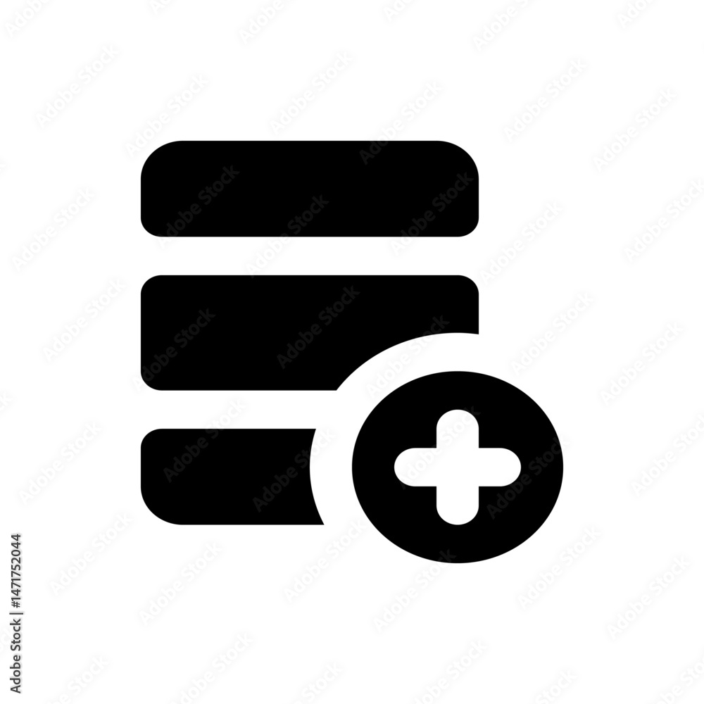 Poster black database icon with three horizontal bars and a plus sign inside a circle on the lower right si
