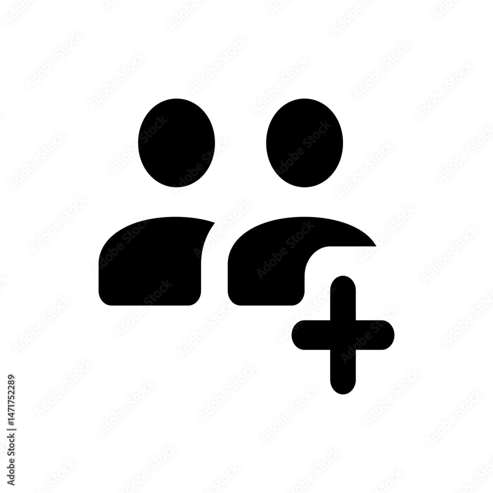 Poster two people icons with a plus sign indicating adding a new member or creating a new account group ico
