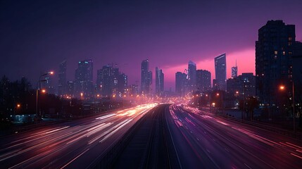 Fototapeta premium City skyline with blurred lights at night under a colorful sky.