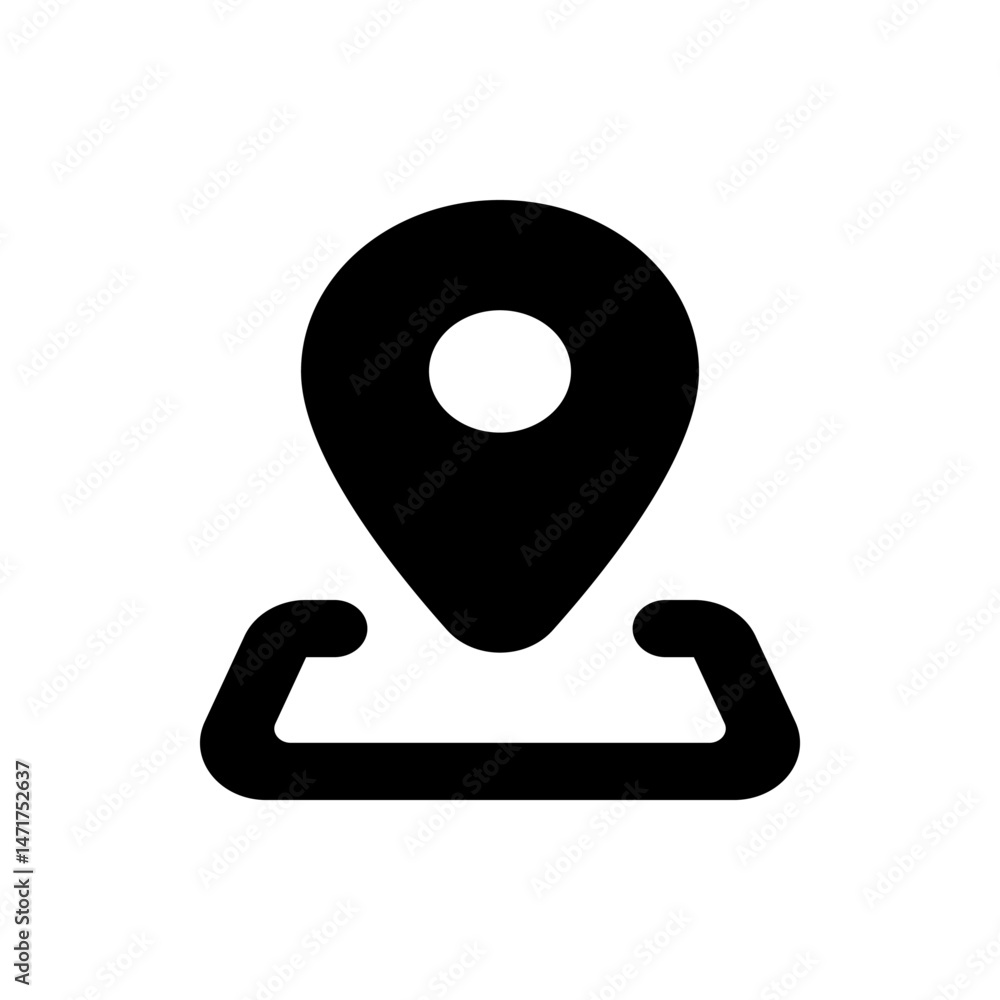 Poster a simple black location pin icon with a circular center and a base suggesting a map or area, isolate