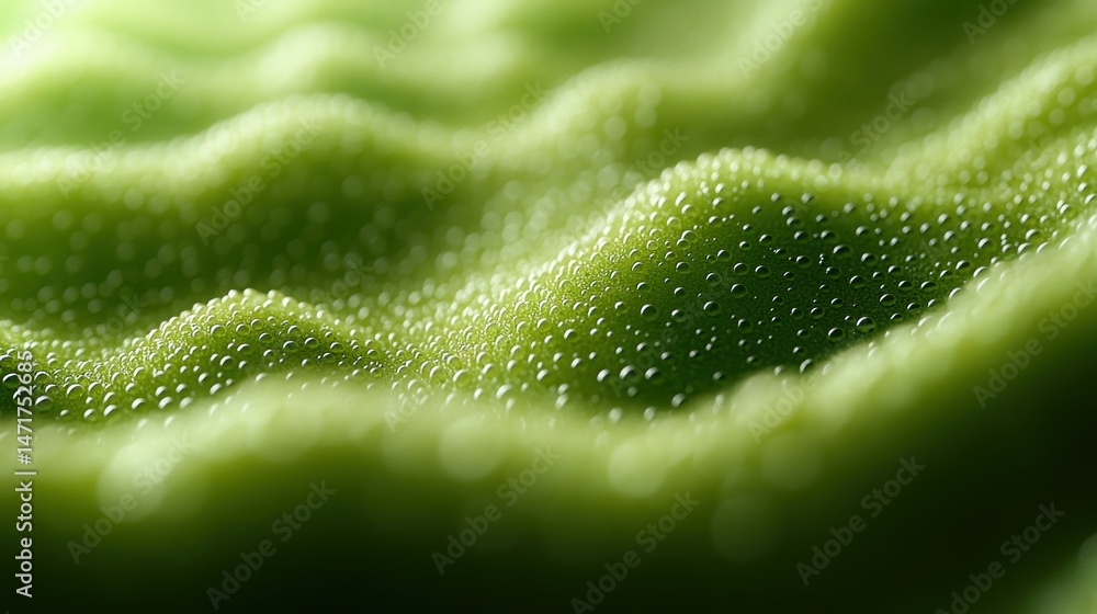 Poster close-up view of a textured, grassy surface with subtle hills and tiny droplets