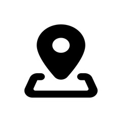A simple black location pin icon with a circular center and a base suggesting a map or area, isolated