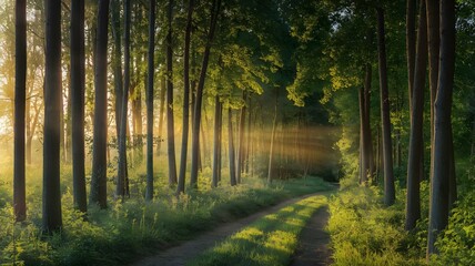 Sunlit Forest Path in Spring: Enchanting Green Woods with Sunlight Streaming Through the Trees - Perfect for Nature, Tranquility, and Outdoor Adventure Themes