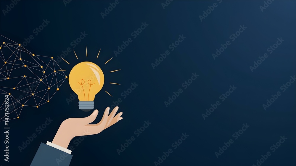 Poster hand presenting a bright idea: illustration of light bulb with network connection for innovation and