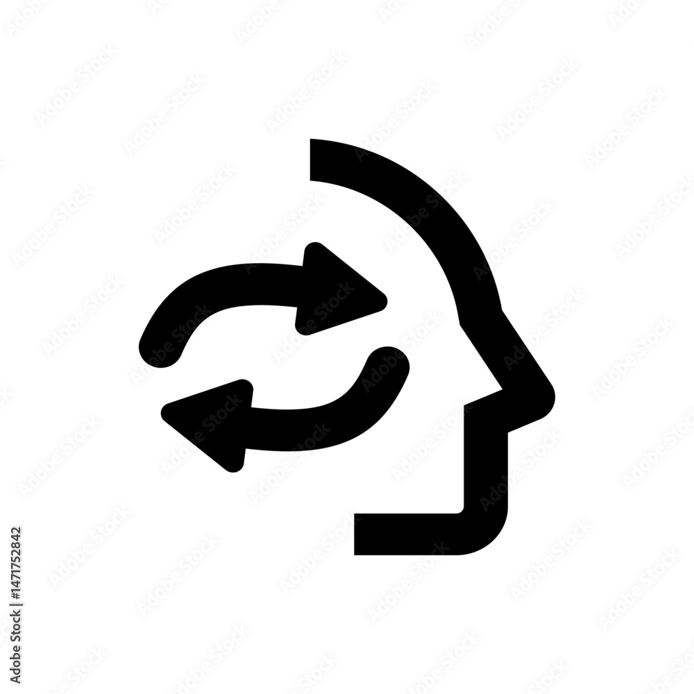 Poster outline of a head with two curved arrows inside, indicating a process of internal exchange and refle