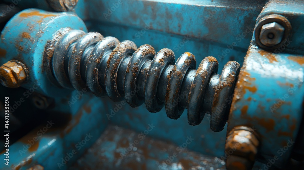 Poster close-up view of a rusty, coiled spring within a machinery component. a detailed shot of a mechanica