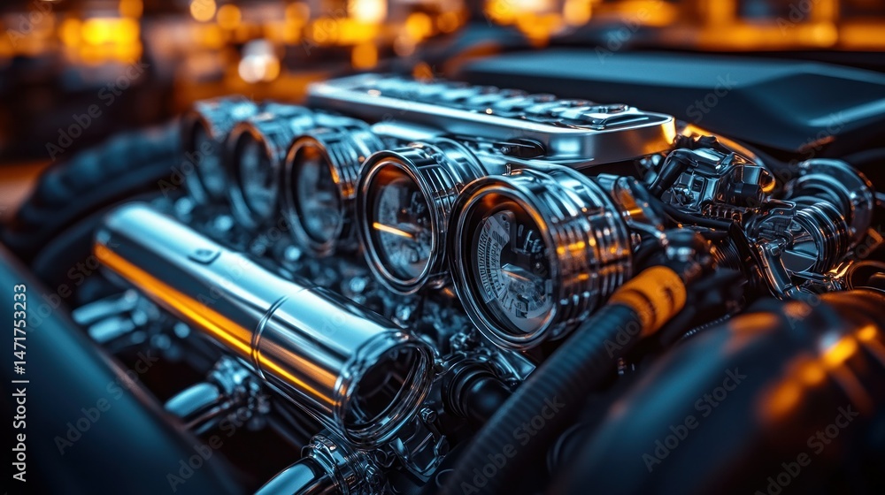 Poster close-up view of a powerful engine, showcasing intricate details of chrome parts and gauges. engine 