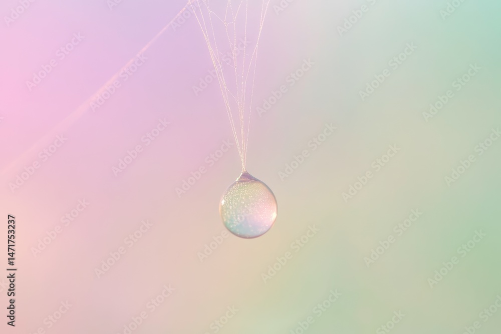 Poster a delicate dewdrop hangs suspended from a spiderweb, reflecting a soft pastel background in a bubble