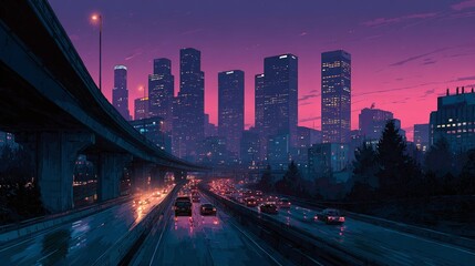 Fototapeta premium City skyline at dusk with highway traffic and colorful sky above.