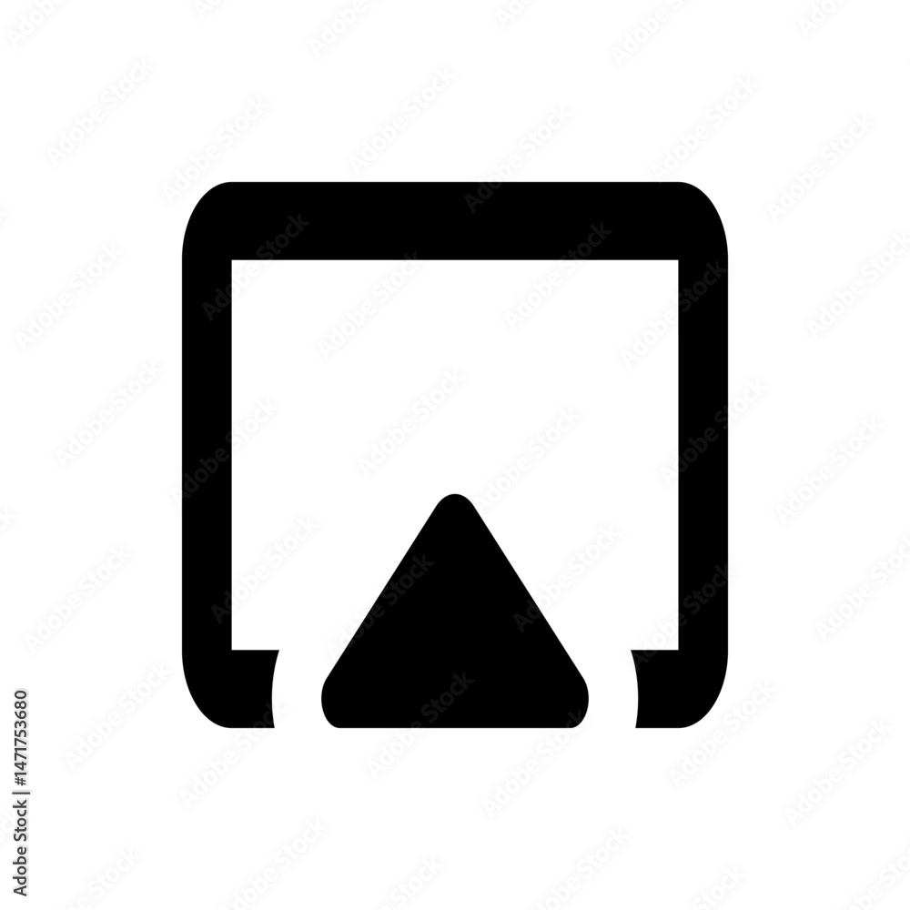Poster black rounded rectangle with an upward pointing triangle and curled corners casting icon symbol shap