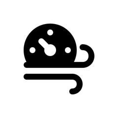 Illustration of a speedometer with a pointer and three dots and wind blowing from the right side weather