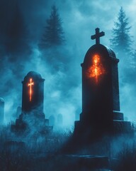 Dark, misty graveyard at night with glowing crosses on tombstones