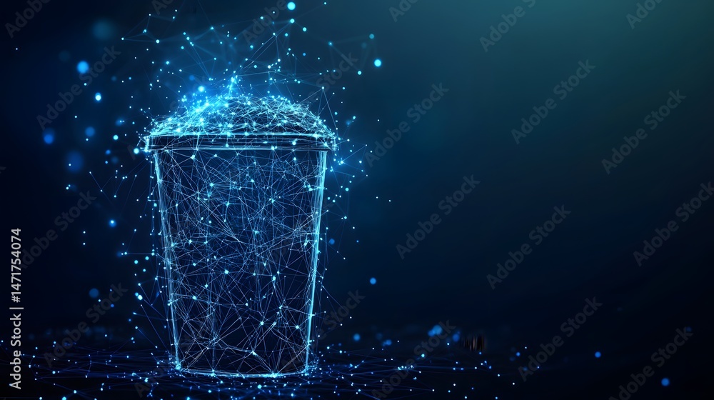Aufkleber Futuristic to-go cup concept. A digital beverage container visualized with interconnected blue lines and glowing particles. Modern, technological, and abstract art. Abstract dark blue wireframe