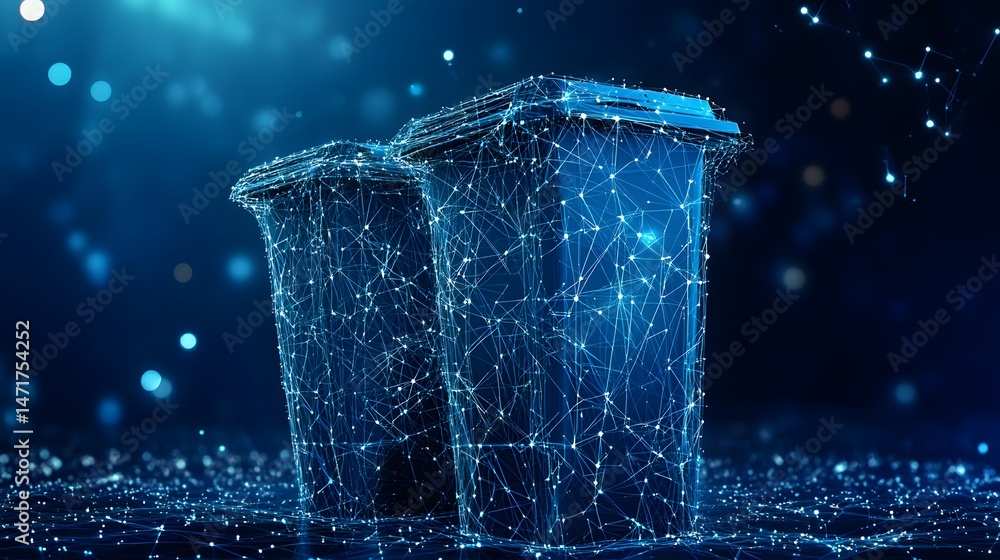 Aufkleber futuristic trash cans are rendered in glowing blue wireframe against a tech backdrop. this image ble