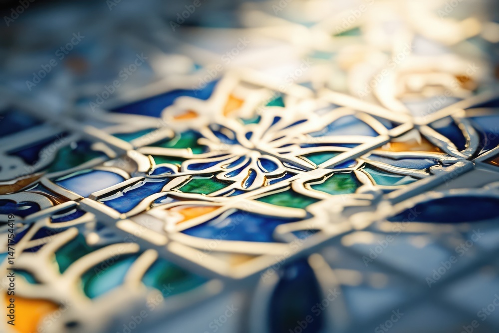 Poster close-up shot of ornate colorful tiles, creating an abstract geometrical pattern with a mesmerizing 