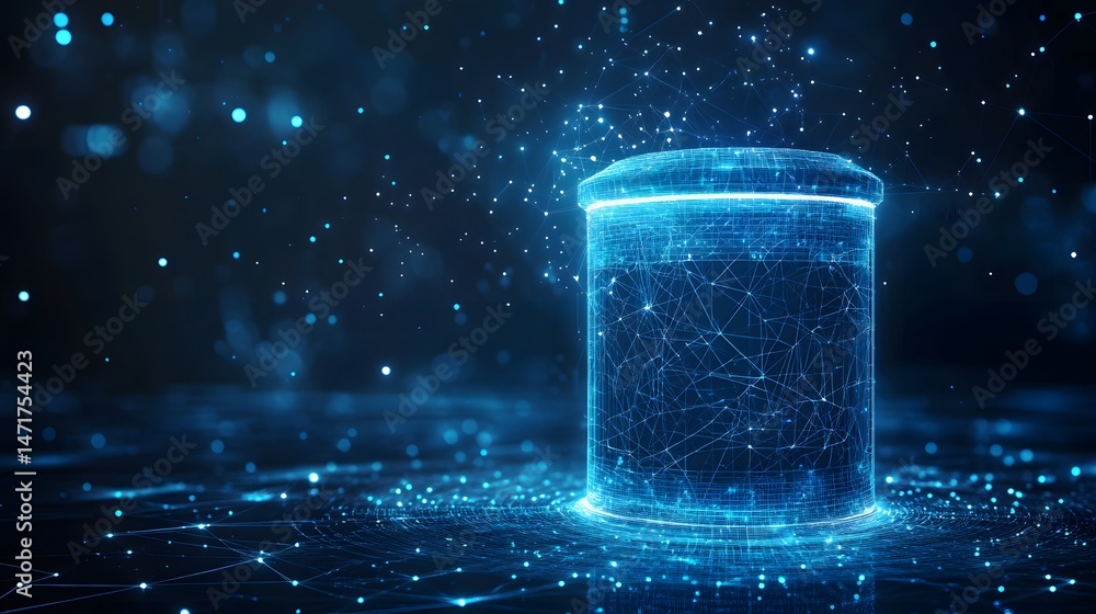 Fototapete futuristic tech visualization. blue wireframe cylinder radiates digital connectivity and data flow a