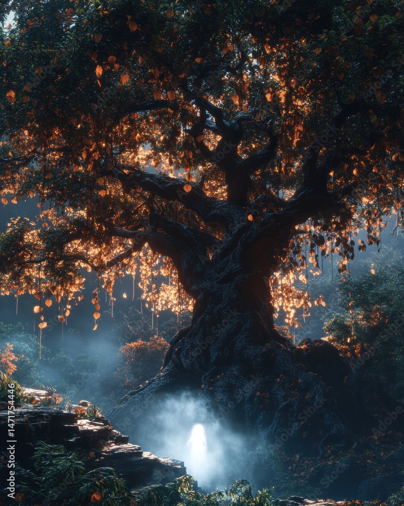 Poster majestic ancient tree in mystical forest. luminous glow emanates from the base of the colossal tree,