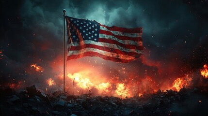 American flag amidst war and destruction