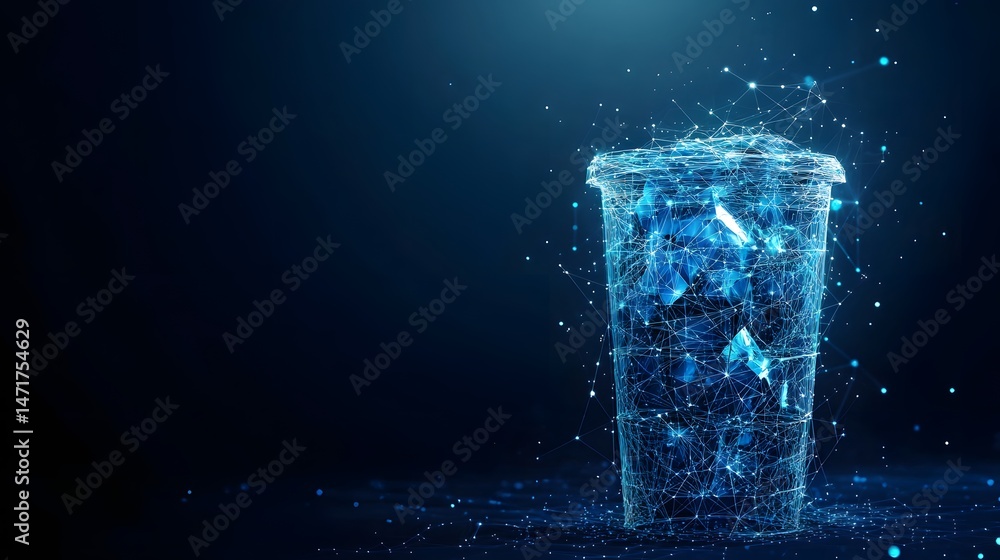 Aufkleber Futuristic digital container, glowing blue network. Abstract geometric shapes create a high-tech aesthetic against a dark blue gradient. Visualizing innovation. Abstract dark blue wireframe.