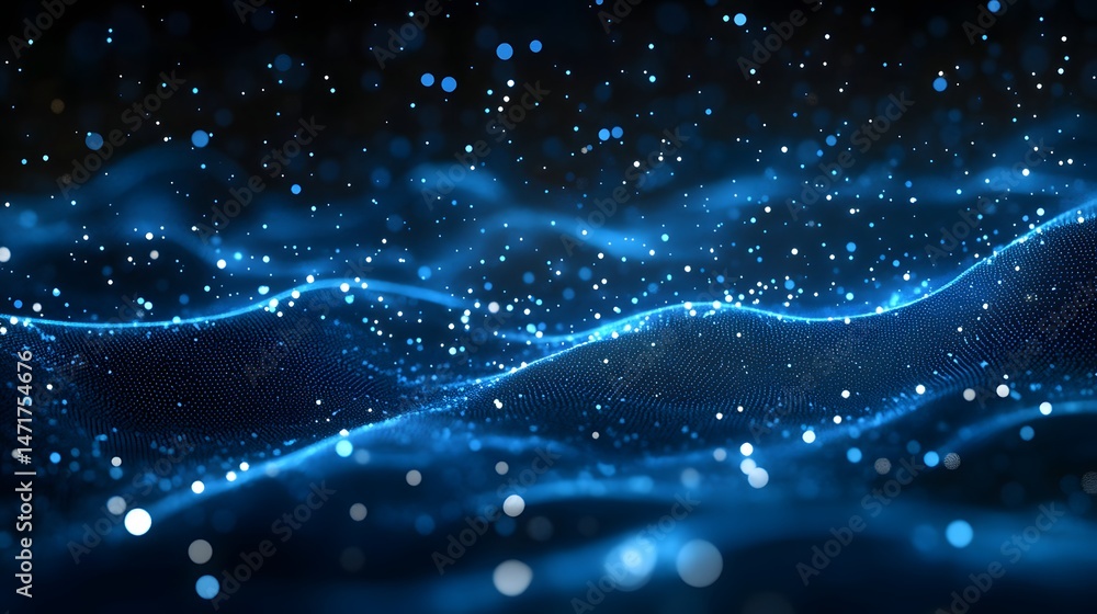 Aufkleber Immerse yourself in this abstract digital landscape. Blue dotted grids form wavy terrain, accented by floating bokeh. A dynamic environment evoking depth and movement. Abstract dark blue wireframe