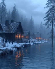 Fototapeta premium Snowy village by a river at dusk. Cozy winter scene