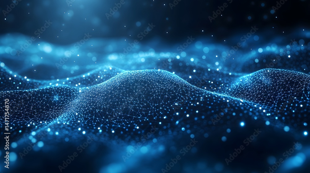 Aufkleber A vibrant abstract data visualization depicting interconnectedness. Glowing nodes highlight pathways within a complex network, symbolizing innovation, Abstract dark blue wireframe.