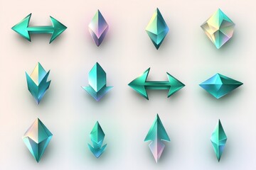 Fototapeta premium Set of colorful, geometric, crystal-like shapes and arrows. Various 3D forms. Modern, unique, decorative elements