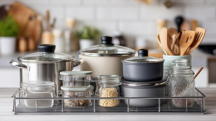 Organized household items on a metal storage rack in a bright modern kitchen--pots, pans, glass containers--ultra-realistic lifestyle image with soft natural light.