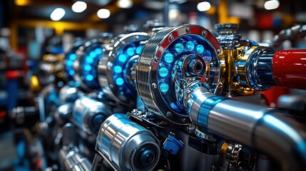 Close-up view of intricate engine components, highlighting complex machinery and advanced technology.  Various parts with metallic finishes, vibrant blue lights, and detailed mechanisms are visible
