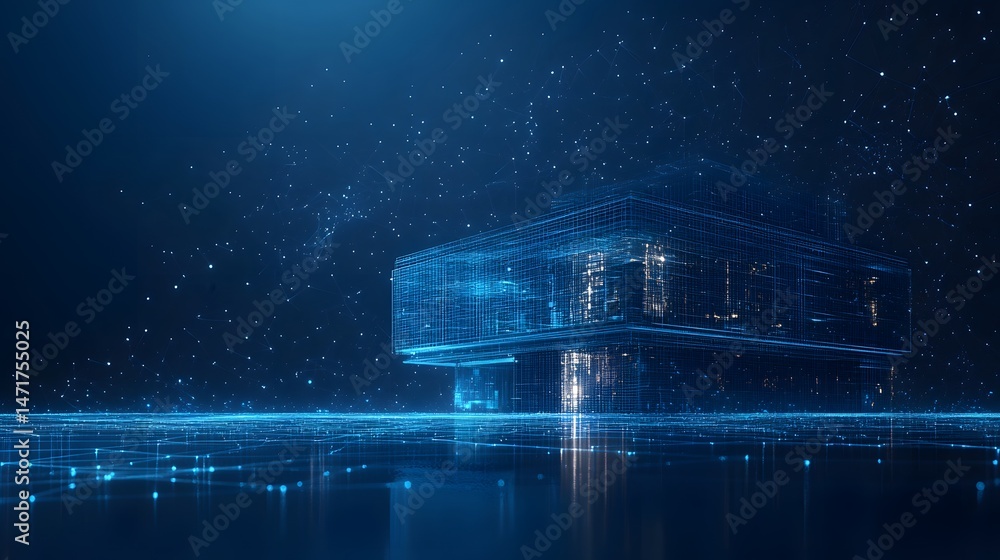 Poster futuristic blue grid building reflecting on a sleek surface, surrounded by a digital constellation. 