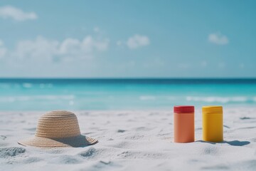 Beach scene with sunscreen and hat