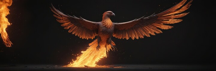 Embers glow as phoenix takes flight, black backdrop ,  bird of fire,  black,  legend