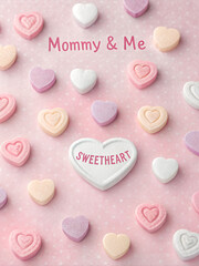 Fototapeta premium Heart-shaped candies with the words mommy & me and sweetheart on a pink background