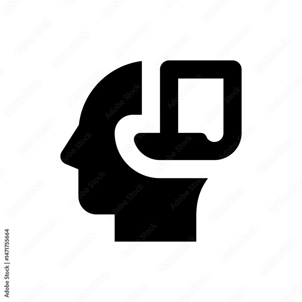 Poster silhouette of a head with a square and curved line inside representing thought process and ideas vis