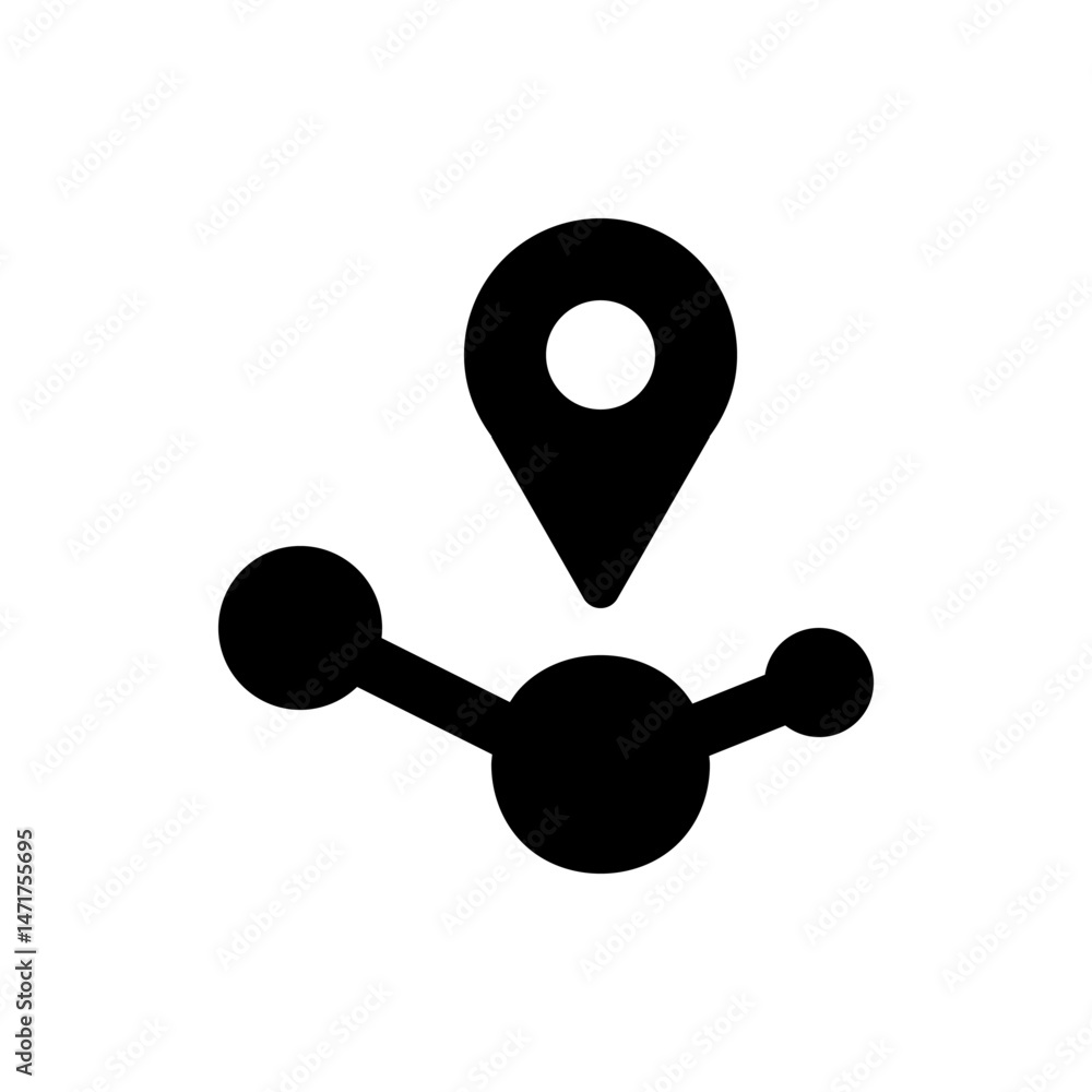 Poster black location pin above a connected network of three circles in a simple and minimalist design styl